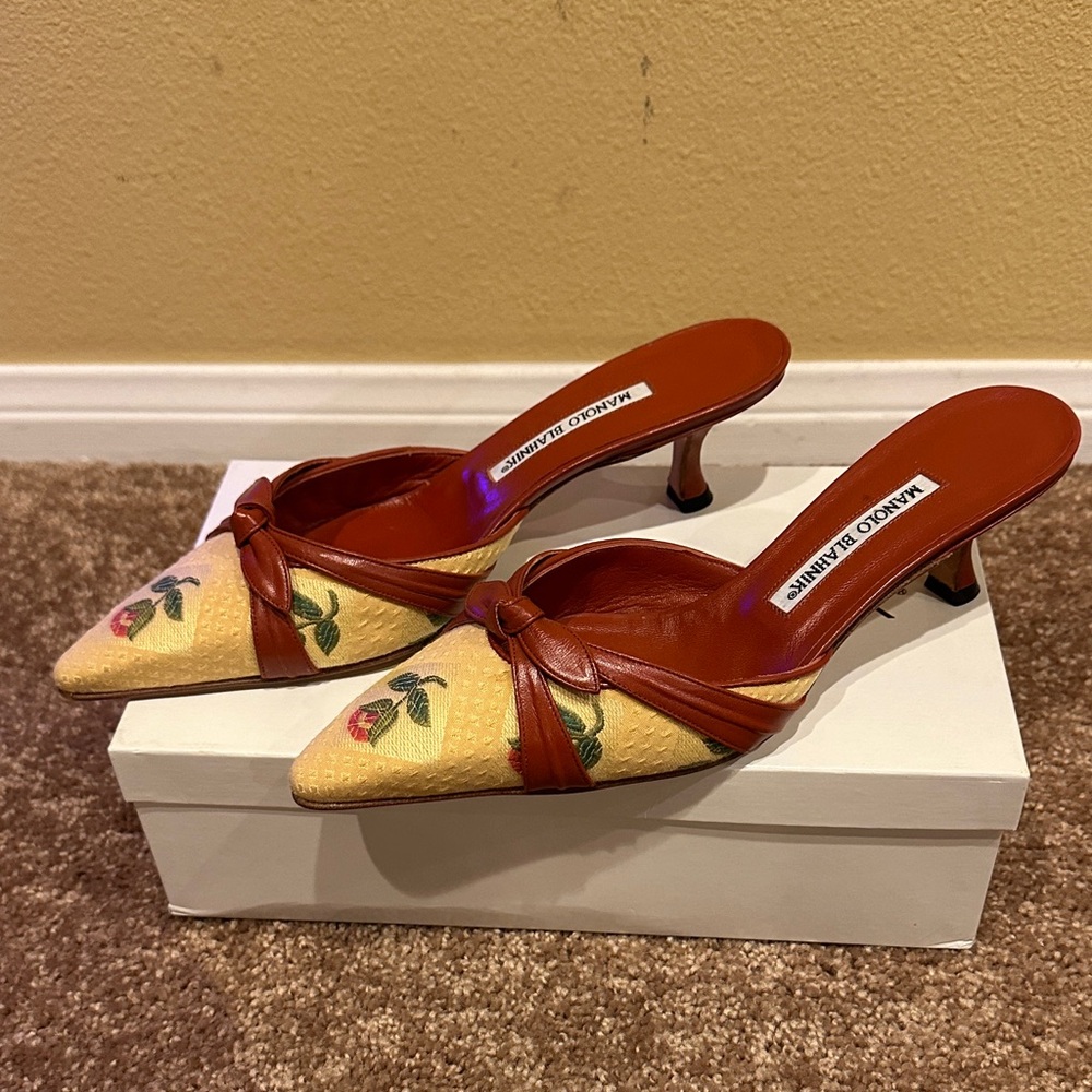 Manolo Blahnik Yellow and Brown Floral Mules